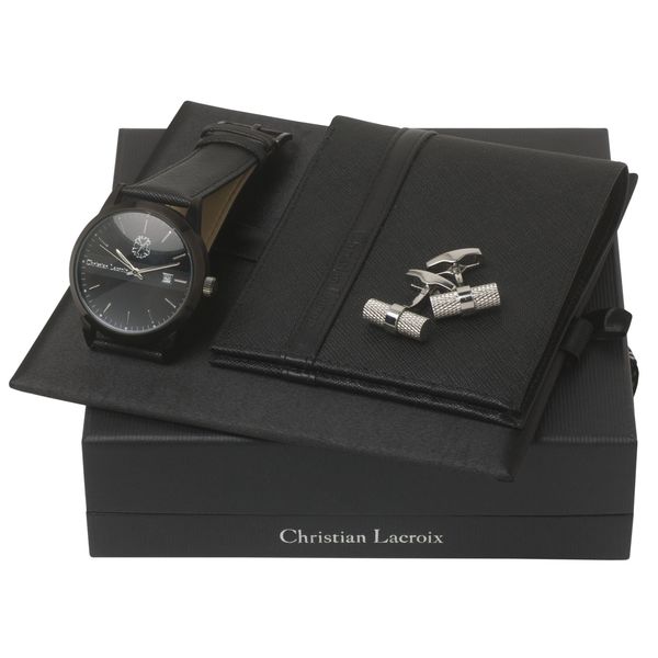 Set Christian Lacroix : Boutons de manchette + Portefeuille-cartes + Montre publicitaire