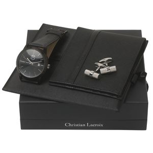 Set Christian Lacroix : Boutons de manchette + Portefeuille-cartes + Montre publicitaire